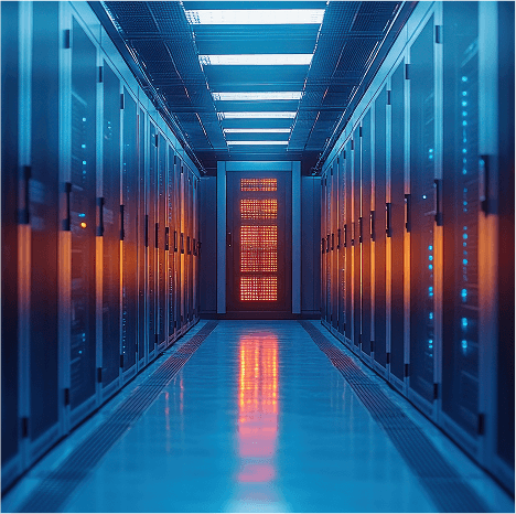 Server room hallway with blue and orange lighting, representing web hosting infrastructure